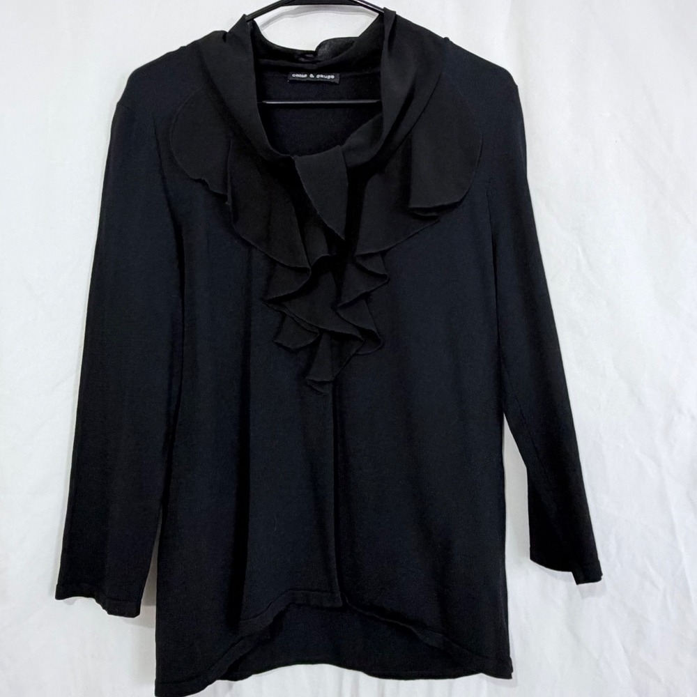 Cable‎ & Gauge Black Ruffle Neck Blouse Long Sleeve Career Top Womens
